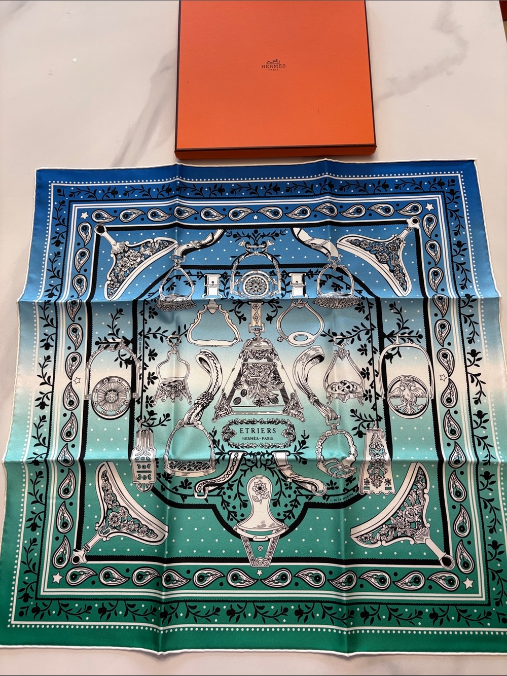 Hermès Silk Scarf in Teal, Aqua & Black Equestrian Motif